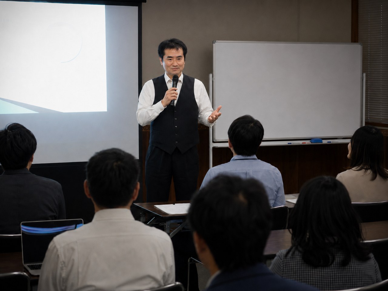 講師が前方で受講者に説明している生成AIセミナー風景